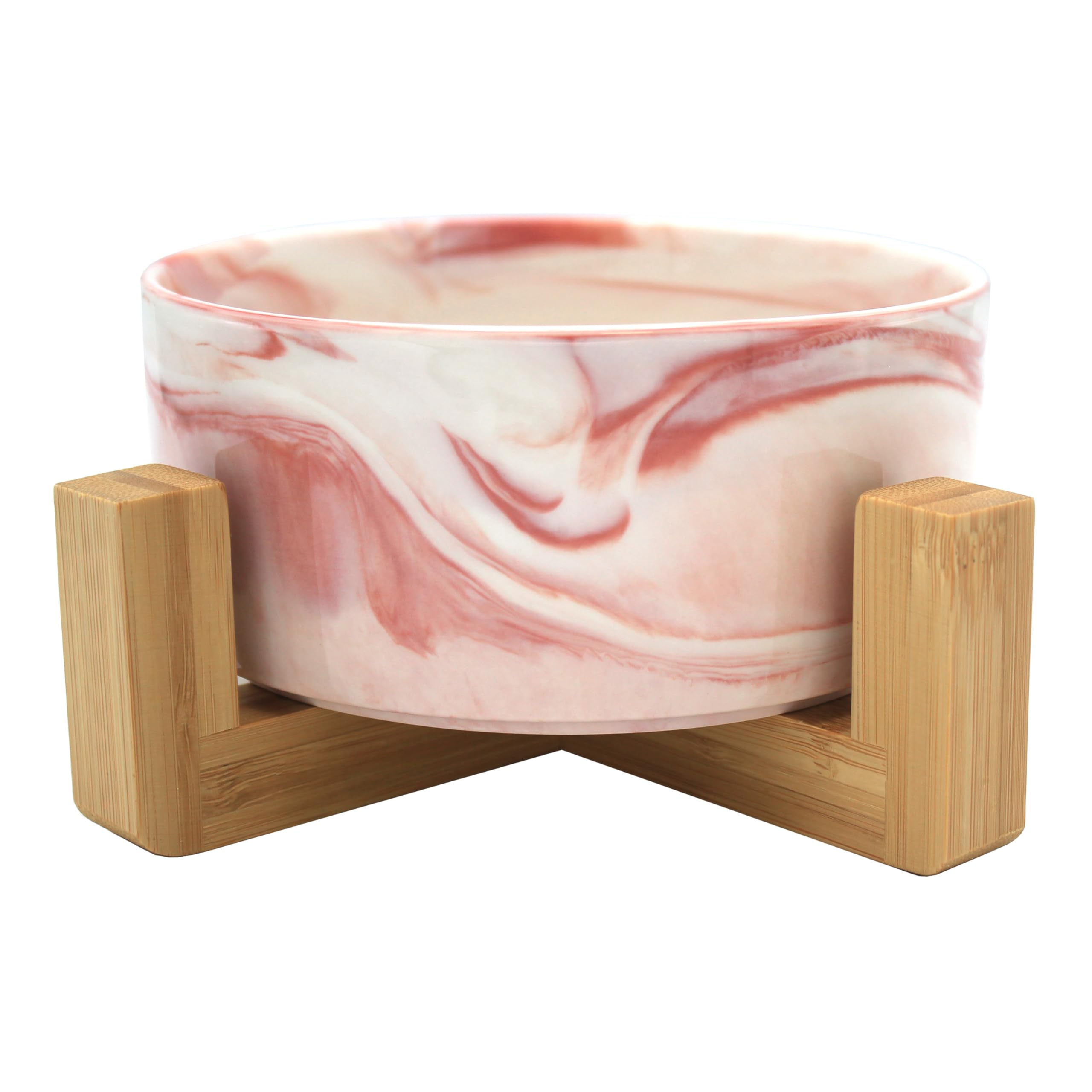 Ceramic Bowl with Bamboo Stand for Dogs & Cats, Raised Bowl for a Comfortable Position Whilst Eating & Drinking, Available in Mutliple Colour Options, 850ml Capacity (Marble Pink)