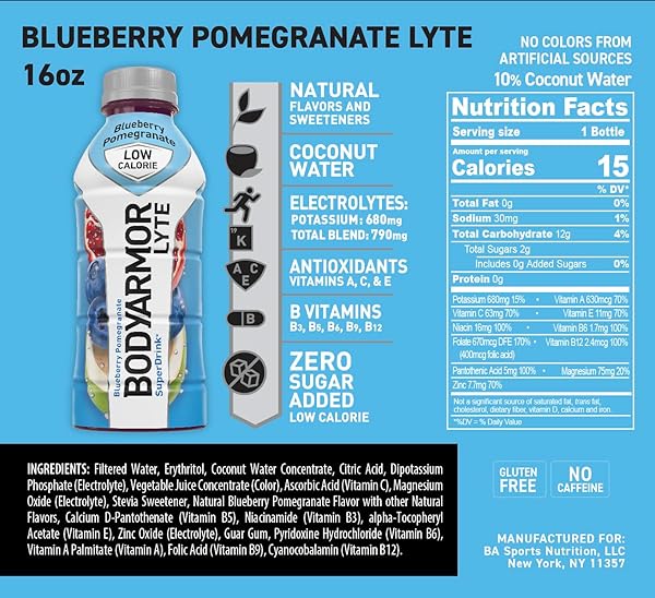 BODYARMOR LYTE, BLUEBERRY POMEGRANATE, ELECTROLYTE DRINK, 20 CALORIES, 16 FL OZ BOTTLES (12 PACK), COCONUT WATER SPORTS DRINK, NATURAL FLAVOR & B VITAMINS