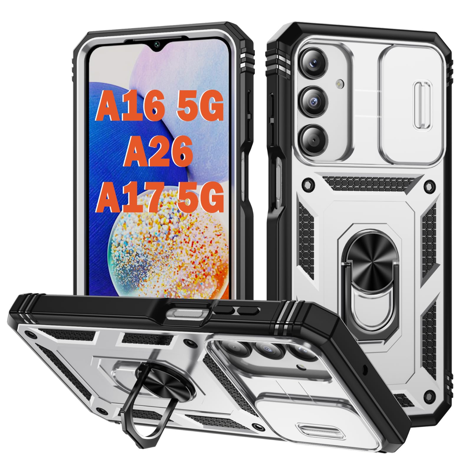 PASNEW Case for Samsung Galaxy A16 5G/A17 5G/A26,Metal Kickstand & Slide Camera Cover,Multi-Layer Heavy Duty Shockproof Protection Hard Shell Cases,6.7 inch,White