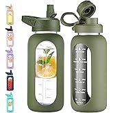 CIVAGO 32 oz Glass Water Bottle with Straw and Handle, Large Sports Motivational Water Bottle Flask with Time Marker, Leakproof Water Jug Canteen with Silicone Sleeve for Gym,Army Green