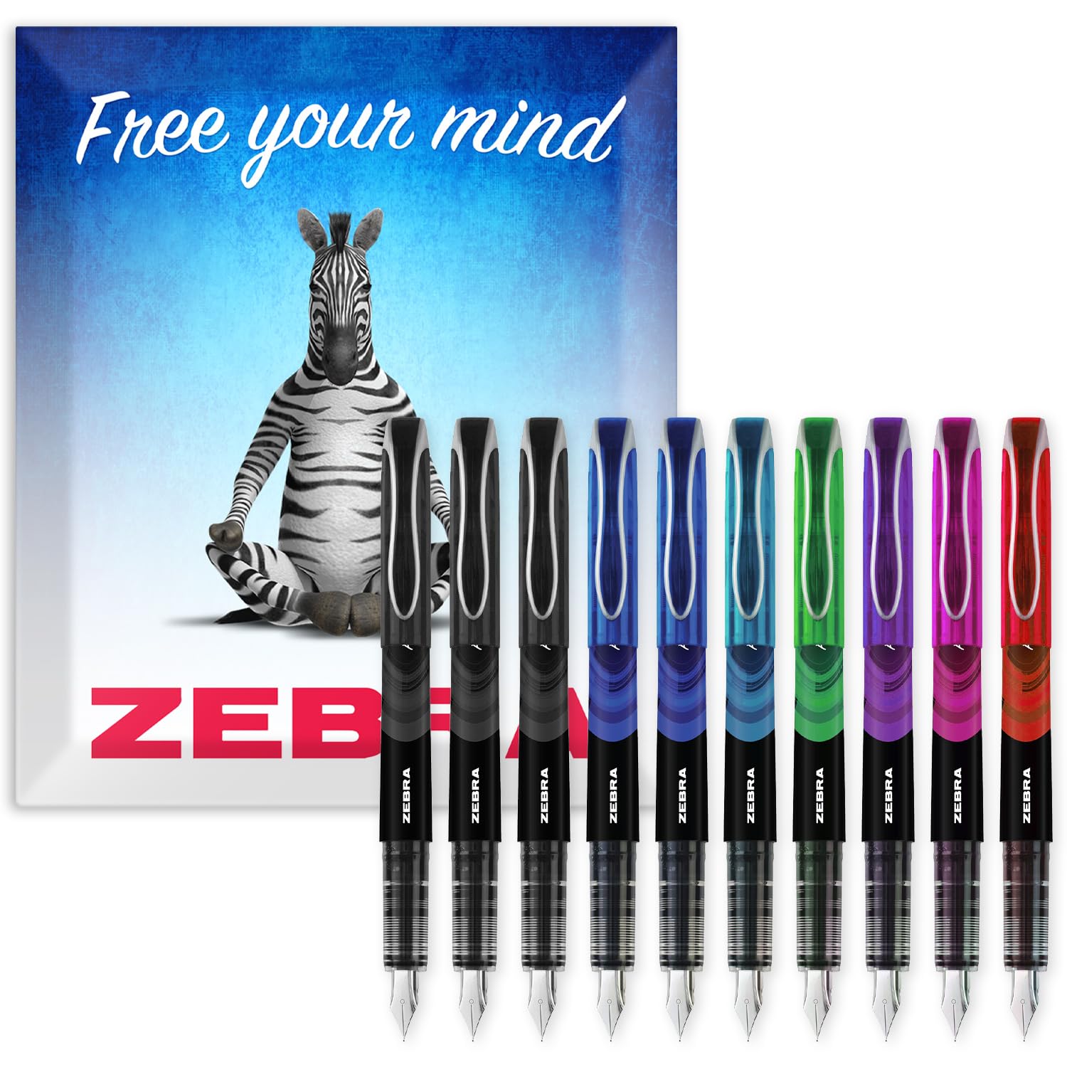Zebra Fuente - Disposable Fountain Pen - Black, Blue, Red, Green, Violet, Light Blue & Pink Coloured Ink - In Envelope Gift Packaging - Pack of 10