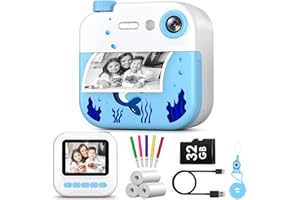 LETSHAHA Kids Camera Instant Print - 1080P Digital Video Instant Camera for Kids, Christmas Birthday Gifts for Girls Boys Age 3-12, Toddler Cameras with 3 Rolls No Ink Print Paper & 32g SD Card -Shark