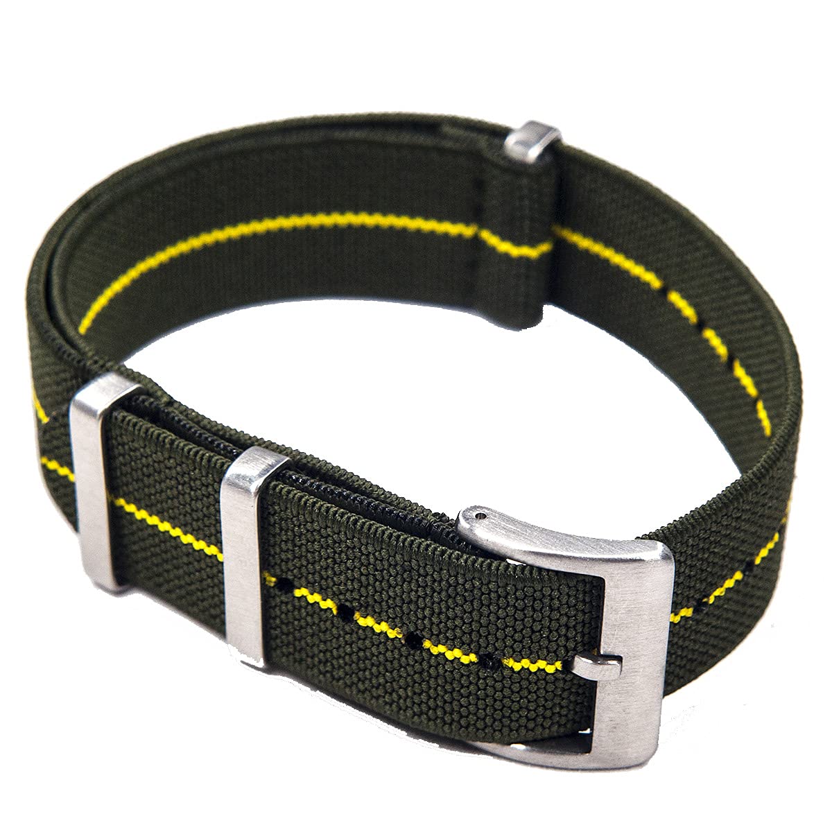 StrapHabit Elastic Watch Strap Watch Band for Men & Women 20mm 22mm Nylon One Piece French Paratrooper Military Parachute Premium Striped, Green/Yellow, 20mm, NATO