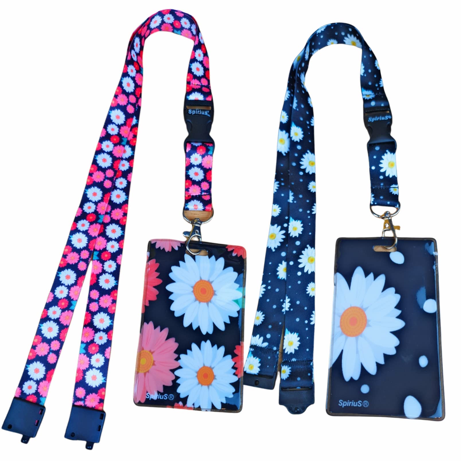 SpiriuS 2 Set Daisy Lanyard with Card Holder, Neck Strap Flowers Lanyard and Waterproof Transparent Badge Holder for ID Card Keys Tickets, Office School (Multi + Black Daisies Unique)