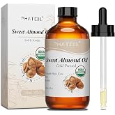 PHATOIL Organic Cold Pressed Sweet Almond Oil, 118ml/4fl.oz | USDA Organic Almond Oil in Glass Bottle for Skin Hair Face Body Moisturizer, Carrier Oil for DIY Blends &amp; Massage