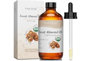 PHATOIL Organic Sweet Almond Oil for Skin 118 ml (4 fl.oz), USDA Certified Organic, Cold Pressed Almond Oil in Glass Bottle f