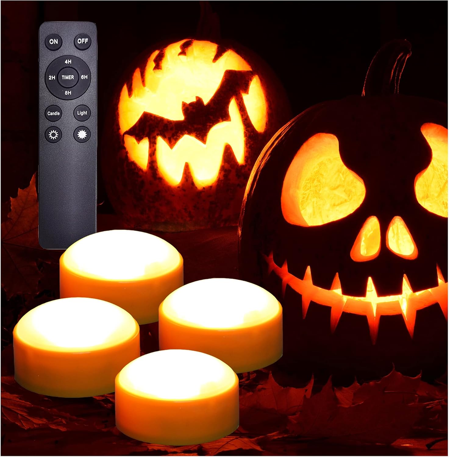 Lighting - iZAN 4 Pack Battery Operated LED Pumpkin Lights with Remote and Timer, Bright Flickering Flameless Candle Set for Pumpkin Décor Jack-O-Lantern Halloween Party Home Christmas Decorations, Orange Color
