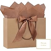 YoungTree Medium Gift Bag with Ribbon and Greeting Card 2 Tissue Papers, Paper Birthday Gift Bag with Handles, Present Bags for Valentines Day Wedding Engagement Anniversary Party Supplies (Kraft)
