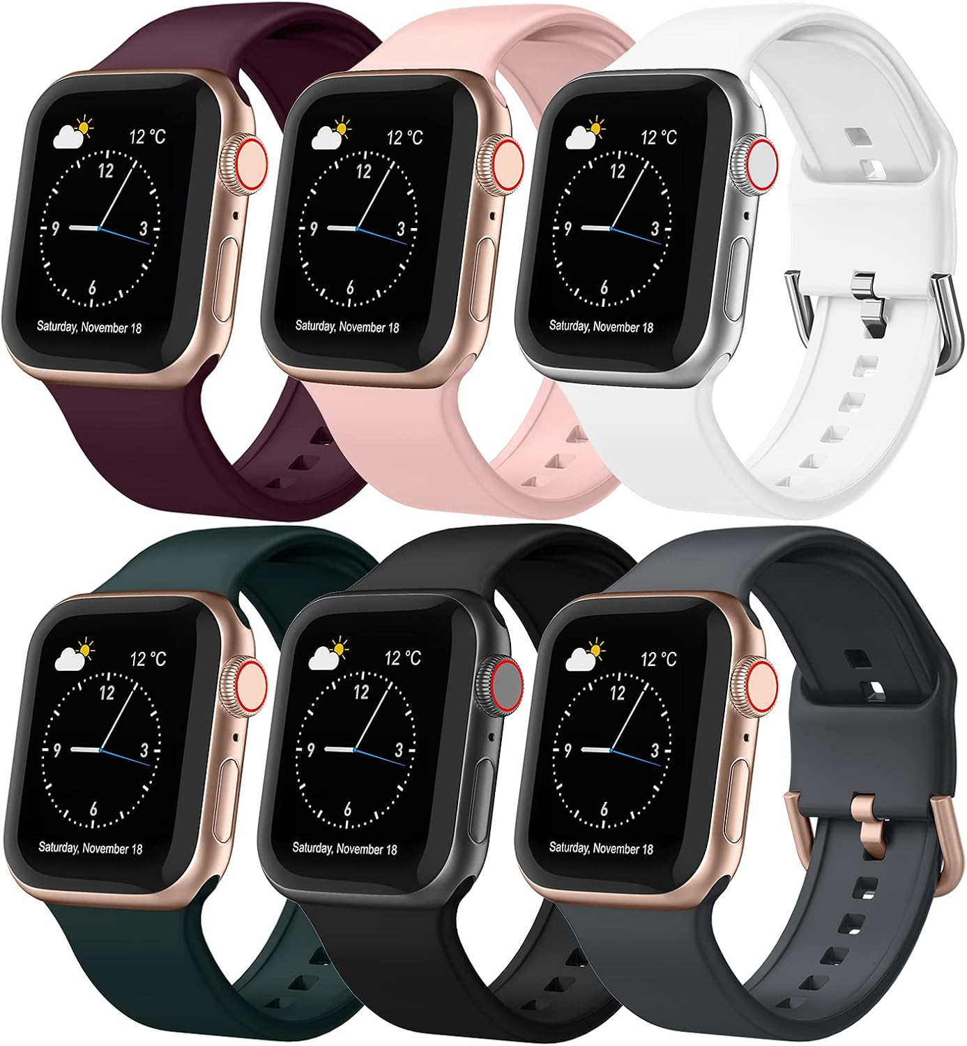 CCnutri 6 Pack Bands Compatible for Apple Watch Band 38mm 40mm 42mm 44mm, Soft Silicone Sport Straps with Classic Buckle for Women Men Compatible with iWatch Series SE 6 5 4 3 2 1, 38mm/40mm