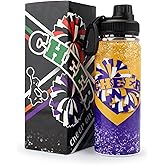 BMHHTM Cheer Water Bottle for Girls 18 oz, Insulated Stainless Steel Sports Bottle with Handle, Cheerleader Gift Bulk for Team Squad Gifts (Gold Purple)
