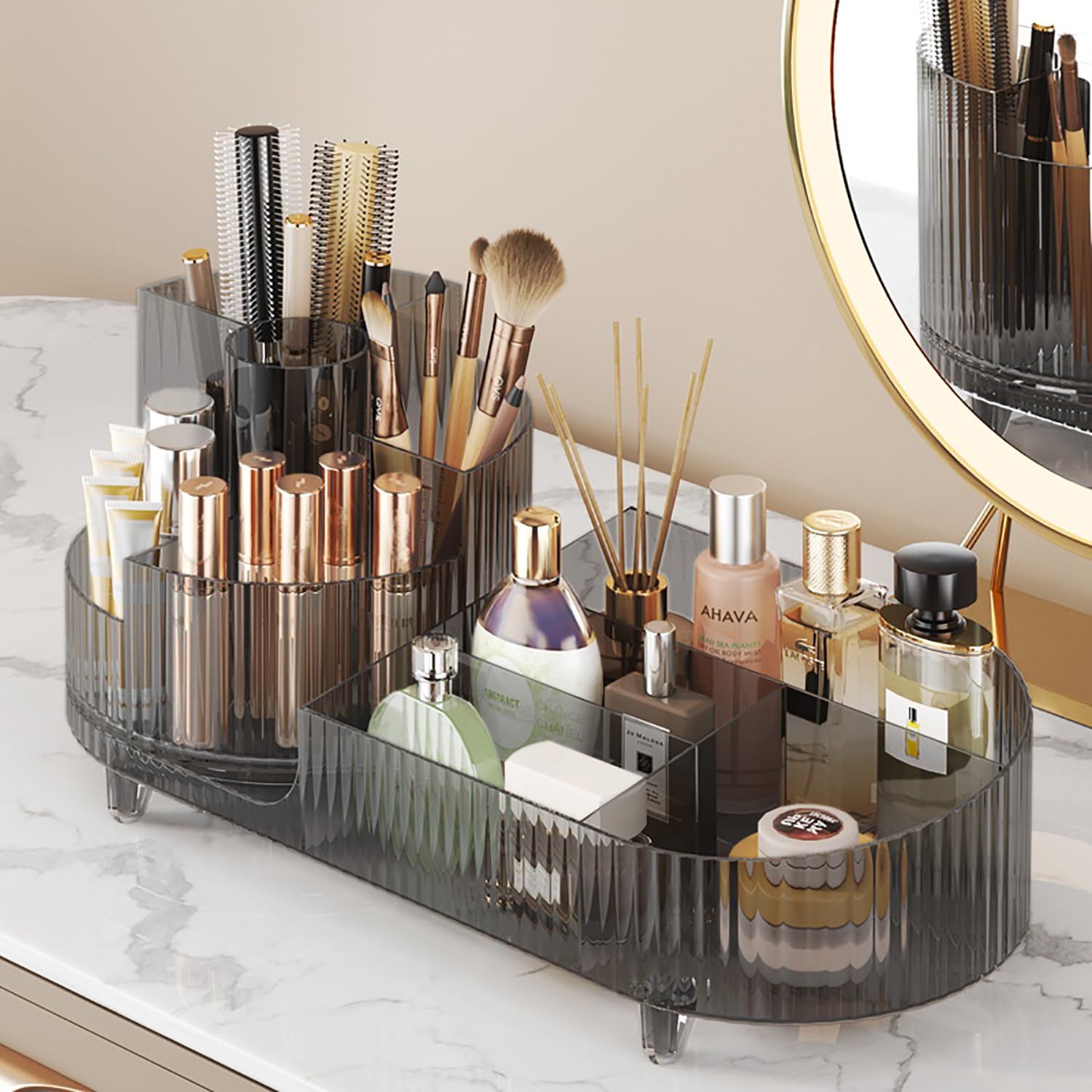 Photo 1 of 360° Rotating Makeup Organizer for Vanity - Large Capacity Cosmetic Display Case Countertop Cosmetic Storage Holder with Makeup Brush Holders ?Gray?