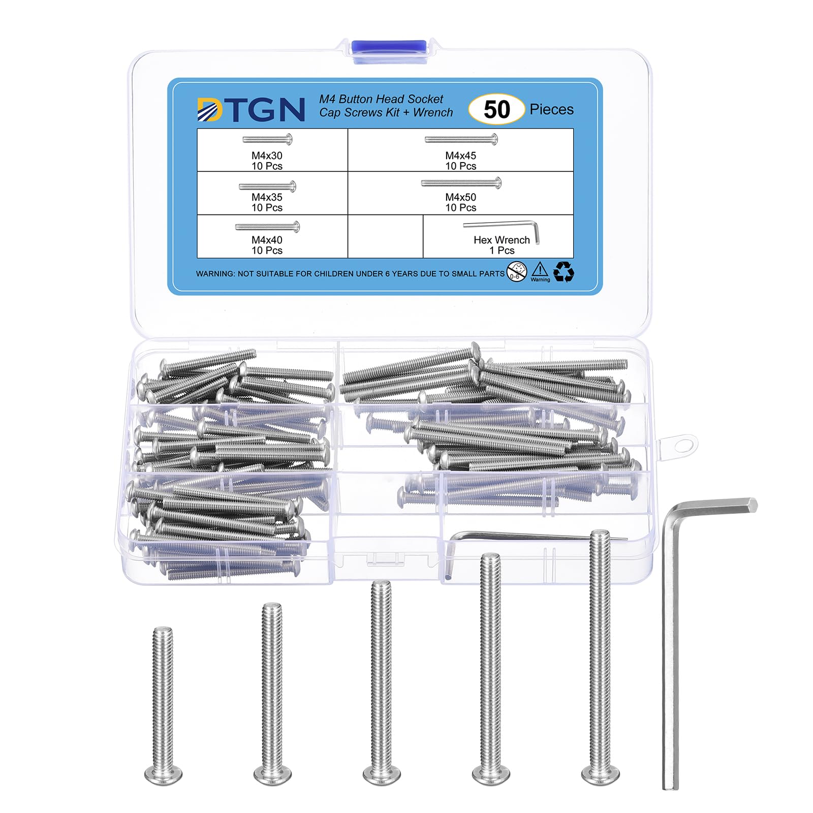 DTGN 50Pack M4(D) Button Head Socket Cap Screws Kit - 30/35/40/45/50mm(L) 304 Stainless Steel Full Thread Hex Socket Cap Screw Assortment with S2.5 Wrench - Good for Machine