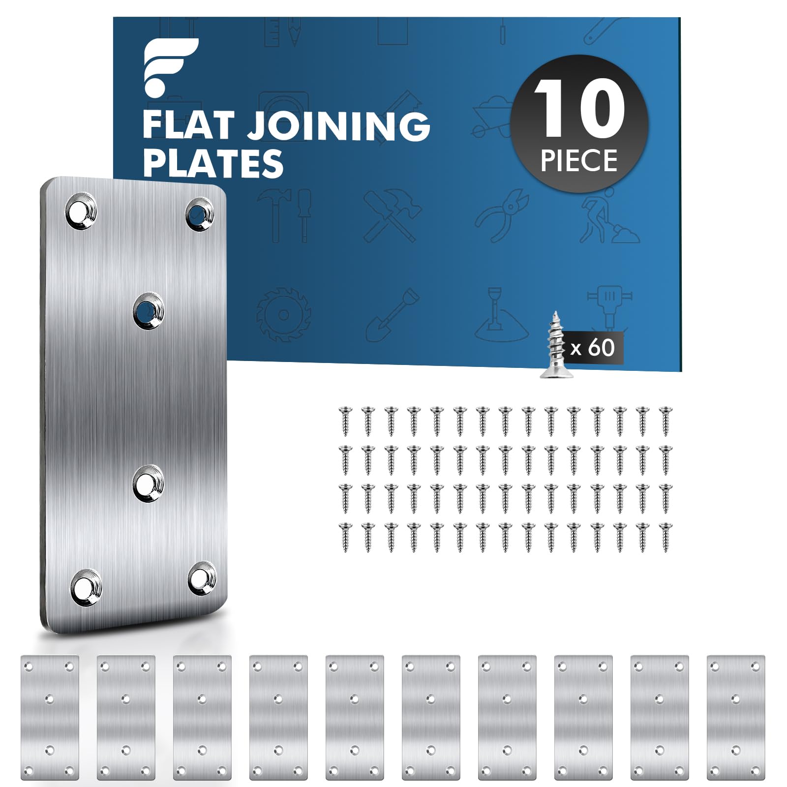 shinfly Flat Joining Plates Brackets, 10 pcs (40mm×100mm) Flat Brackets for Wood Stainless Steel with 60 Pieces of Screws, Metal Plate Joining Plates for Wood, Mending Plates for Furniture, Chair