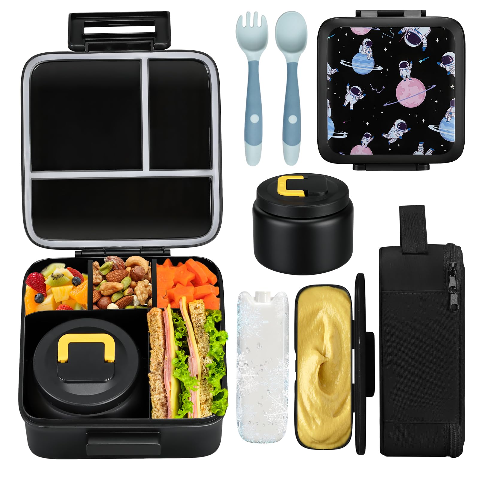 Photo 1 of ****missing box***JXXM Bento Lunch Box for Kids With 8oz Soup Thermo,Leak-proof Lunch Containers with 5 Compartment,Thermo Food Jar and Lunch Bag, Food Containers for School (A-Black(Circumnavigate Space))