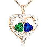 LOLA CLORIS 18K Rose Gold Heart Necklace, Jewelry for Women with 2 Birthstones, Customized Gifts for Mom Wife, I Love You Always and Forever, Gold, Cubic Zirconia