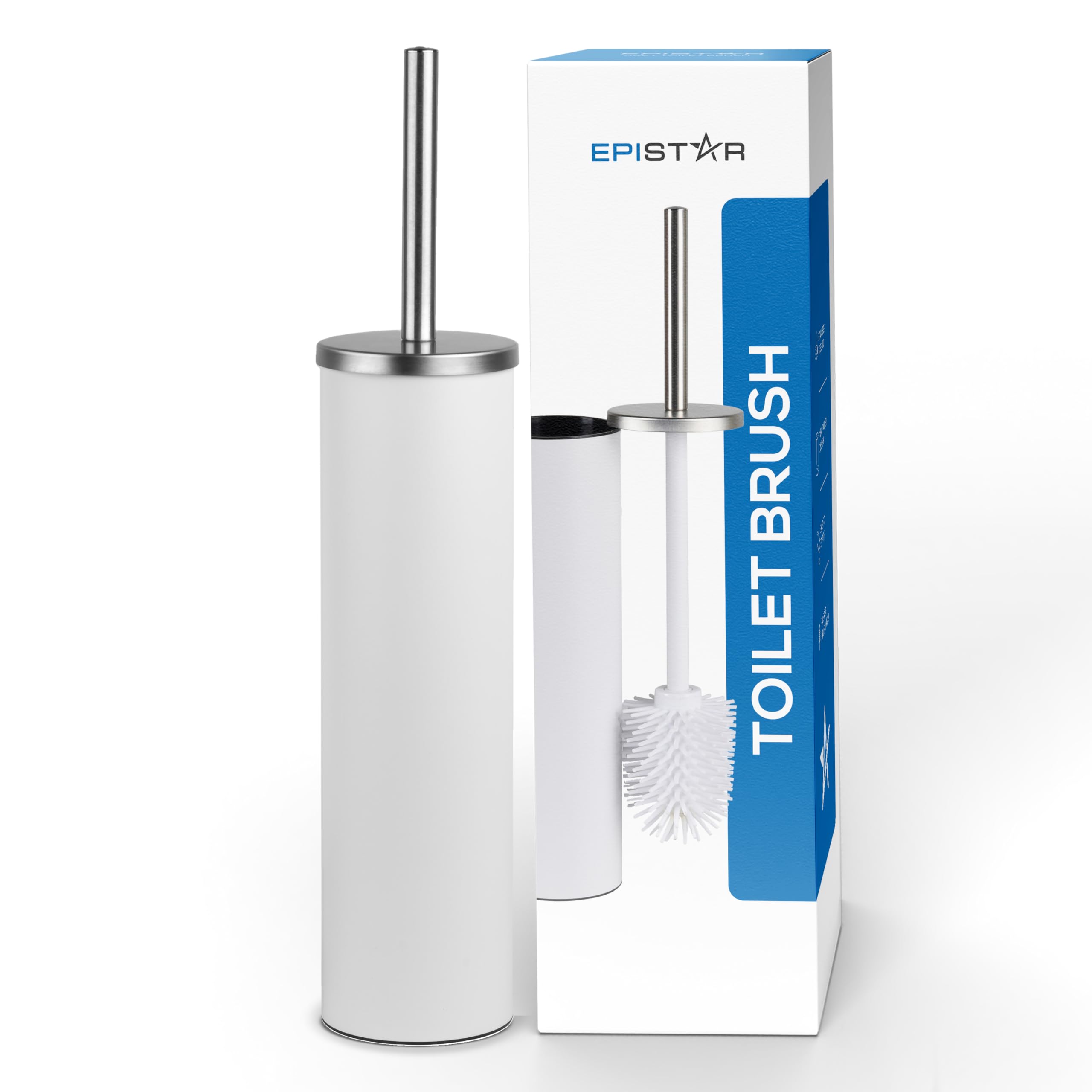 EPISTAR Silicone Toilet Brush & Holder Set - Stainless Steel - Replacement Heads Available - 45cm Tall - Toilet Brush Silicone with Long Handle (White)