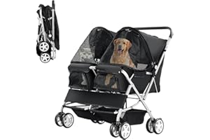 LPOTIUS Double Pet Stroller, Foldable Stroller for 2 Dogs & Cats, Two-Seater Carrier Twin Dog Walk Jogger Travel Pet Carriage Cart with Storage, Black