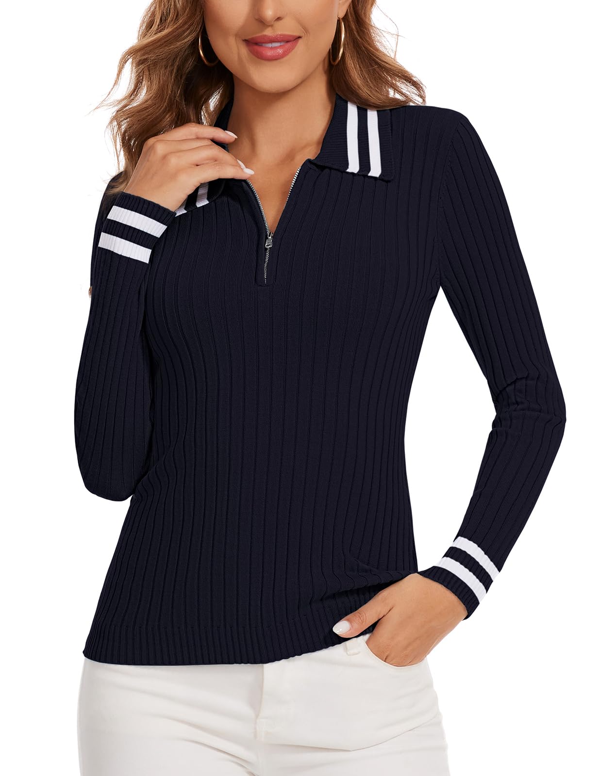 Photo 1 of Soneven Womens Long Sleeve Polo Sweaters V Neck Striped Knit Golf Tops 1/4 Zip Pullover Sweater Navy