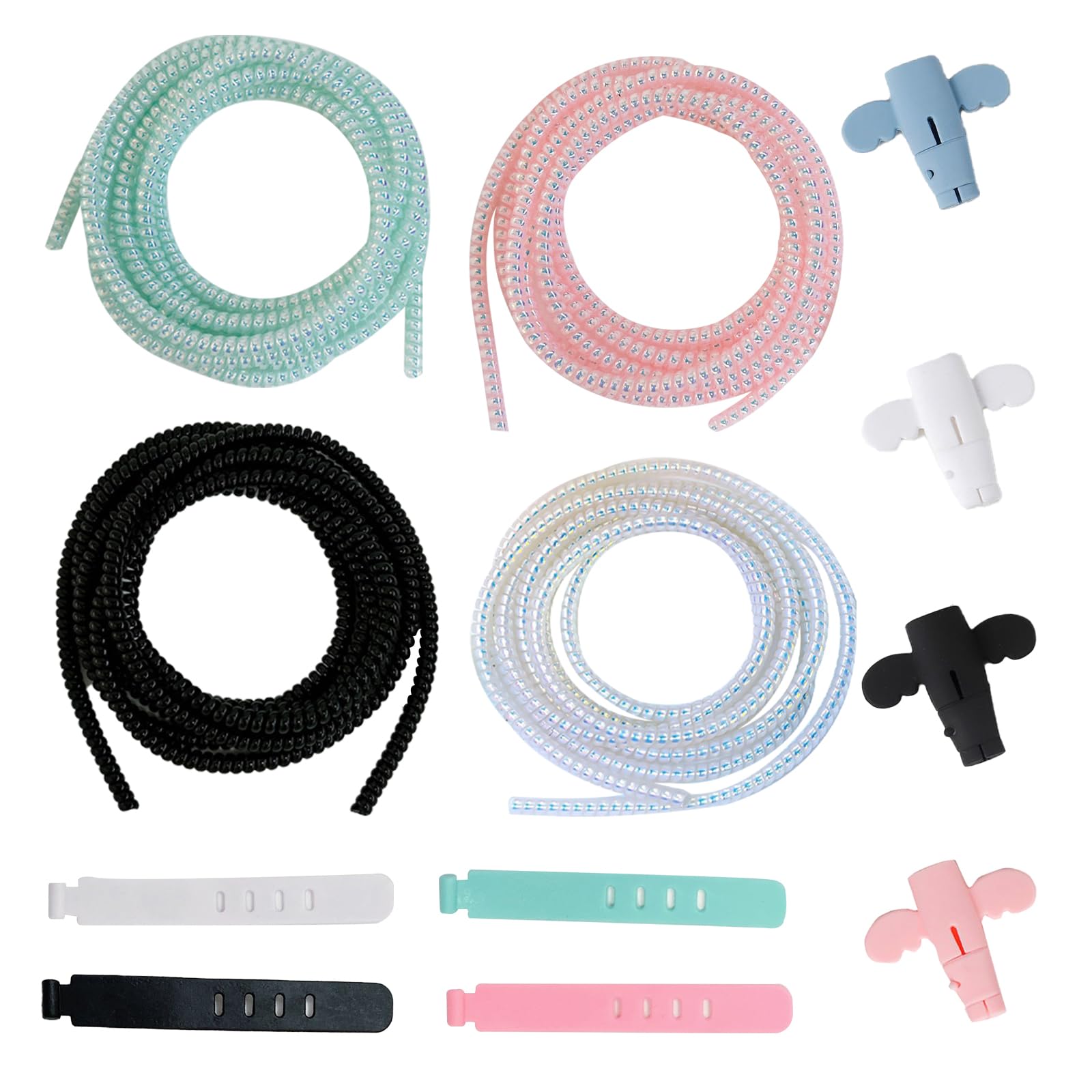 KASESSS 4 Spiral Cable Wrap, 4 Silicone Charger Protector, 4 Cable Ties, USB Cable Sleeve 1.4M, Cute Charging Cable Protector, Flexible Wire Protector from Pets Chewing for Phones Laptops Data Cables