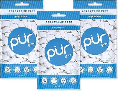 PUR Gum Sugar Free Peppermint Xylitol 55 Pieces Pack of 3 Vegan Gluten Free