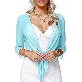 Aiboria Womens 3/4 Sleeve Shrug Sheer Mesh Bolero Tie Front Cropped Cardigan S-XXL