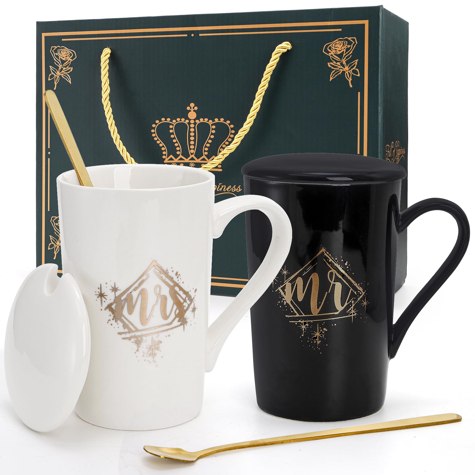 Cedilis 14oz/400ml Mr and Mrs Mugs, Ceramic Coffee Mugs Gift Set, Perfect Engagement, Wedding Gift for The Couple, Great Gift, Exquisite Box Package, B & W
