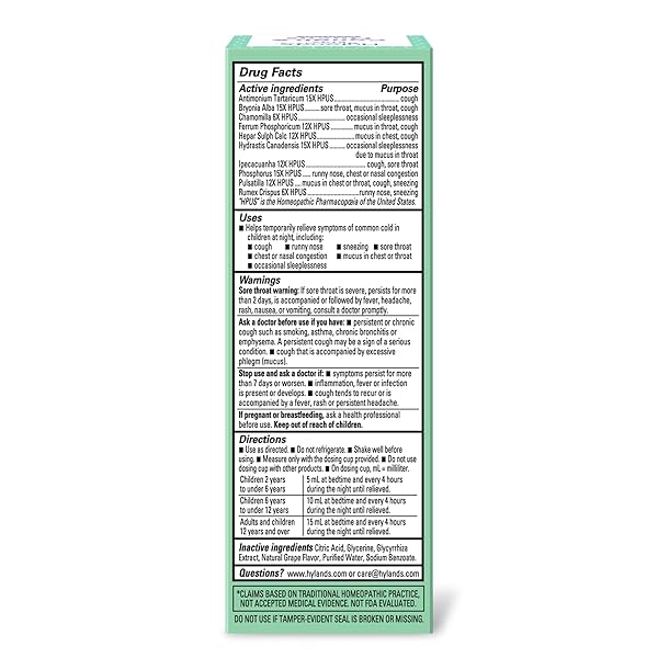 HYLAND’S KIDS NIGHTTIME COUGH SYRUP AND MUCUS RELIEF, KIDS MEDICINE FOR AGES 2-12, GRAPE FLAVOR, PROMOTES SLEEP, COUGH, RUNNY NOSE, MUCUS AND CONGESTION, OUNCES