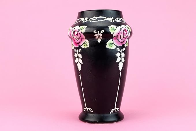 Black Shelley Pottery Tapered Flower Vase Art Deco Pink Rose