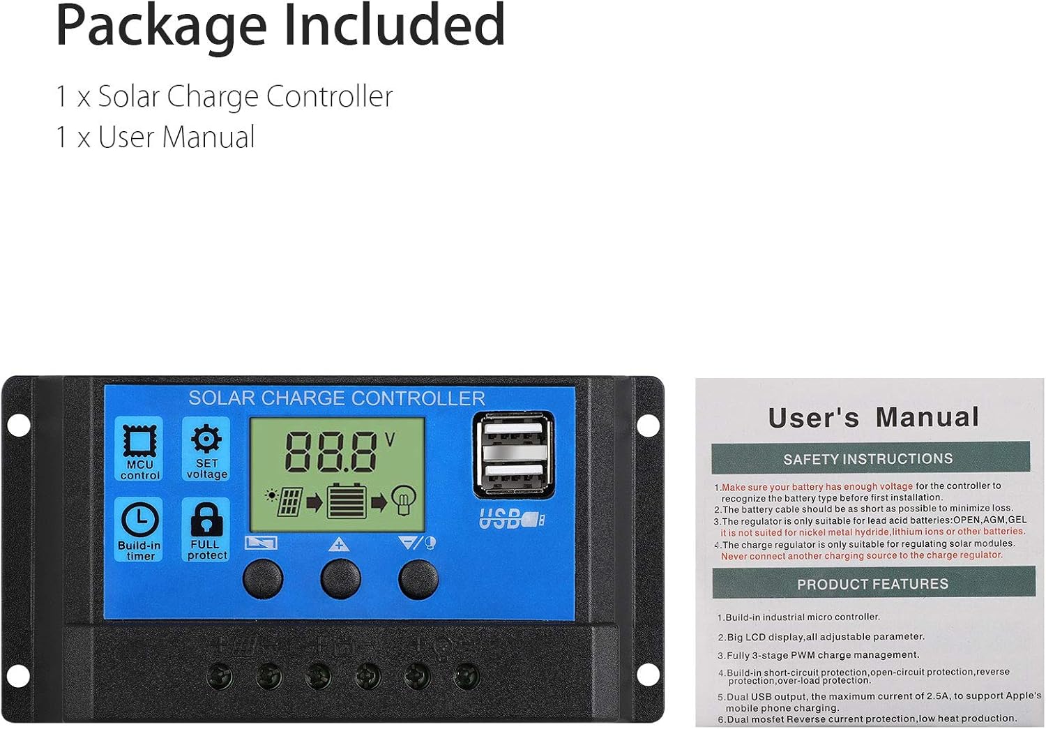EEEKit 20A Solar Charge Controller, Solar Panel Battery Intelligent Regulator 12V/24V, Multi-Function Adjustable LCD Display with Dual USB Port Timer Setting PWM Auto Parameter : Garden & Outdoor