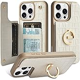 CUSTYPE Leather Wallet Case for iPhone 15 Pro Max - Card Holder with 180° Ring Kickstand, Card Slots - Protective Case for Men and Women Beige