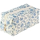 BornSiiren Makeup Bag, Flower Blue Floral Cosmetic Bag for Women, Large Capacity Toiletry Bag,Zipper Pouch, Portable Travel Accessories Storage