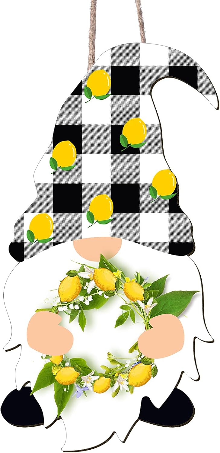 Jetec Lemon Gnome Door Sign Summer Swedish Tomte Fresh Lemon Wall Wooden Hanging Board Farmhouse Kitchen Decoration Scandinavian Tomte Wood Door Hanger for Room Front Door Porch Home