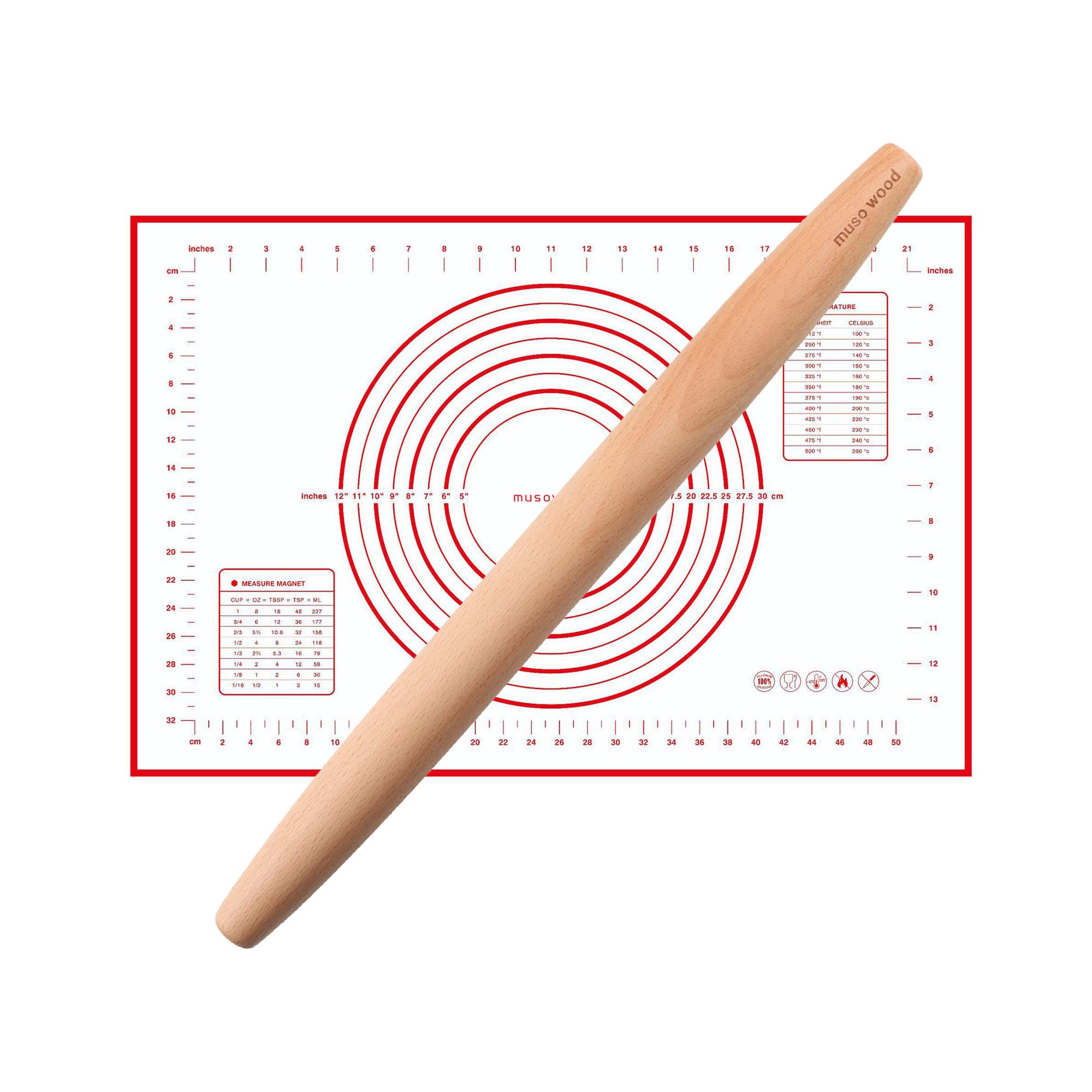 Muso Wood Rolling Pin - French Rolling Pin with Silicone Baking Mat (40 cm - Beech Wood)