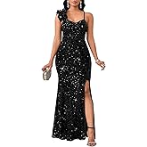 Cololura Women Sexy Elegant Sequin Ruffled Sleeveless Mermaid Party Cocktail Bodycon Evening Gowns Maxi Dress