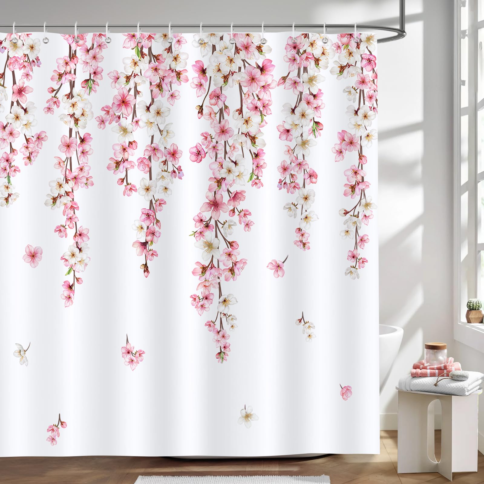 Bonhause Pink Cherry Blossom Shower Curtain Japanese Sakura Floral Spring Bathroom Curtain 180 x 180 cm Waterproof Mildew & Mould Resistant Polyester Fabric Bath Curtain with 12 Hooks