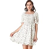 Allegra K Women's Puff Sleeve Square Neck Ruffled Hem Floral Smocked Dress