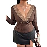 Milumia Women's Plus Size Lace Trim Long Sleeve Top V Neck Bow Slim Fit Going Out T Shirts