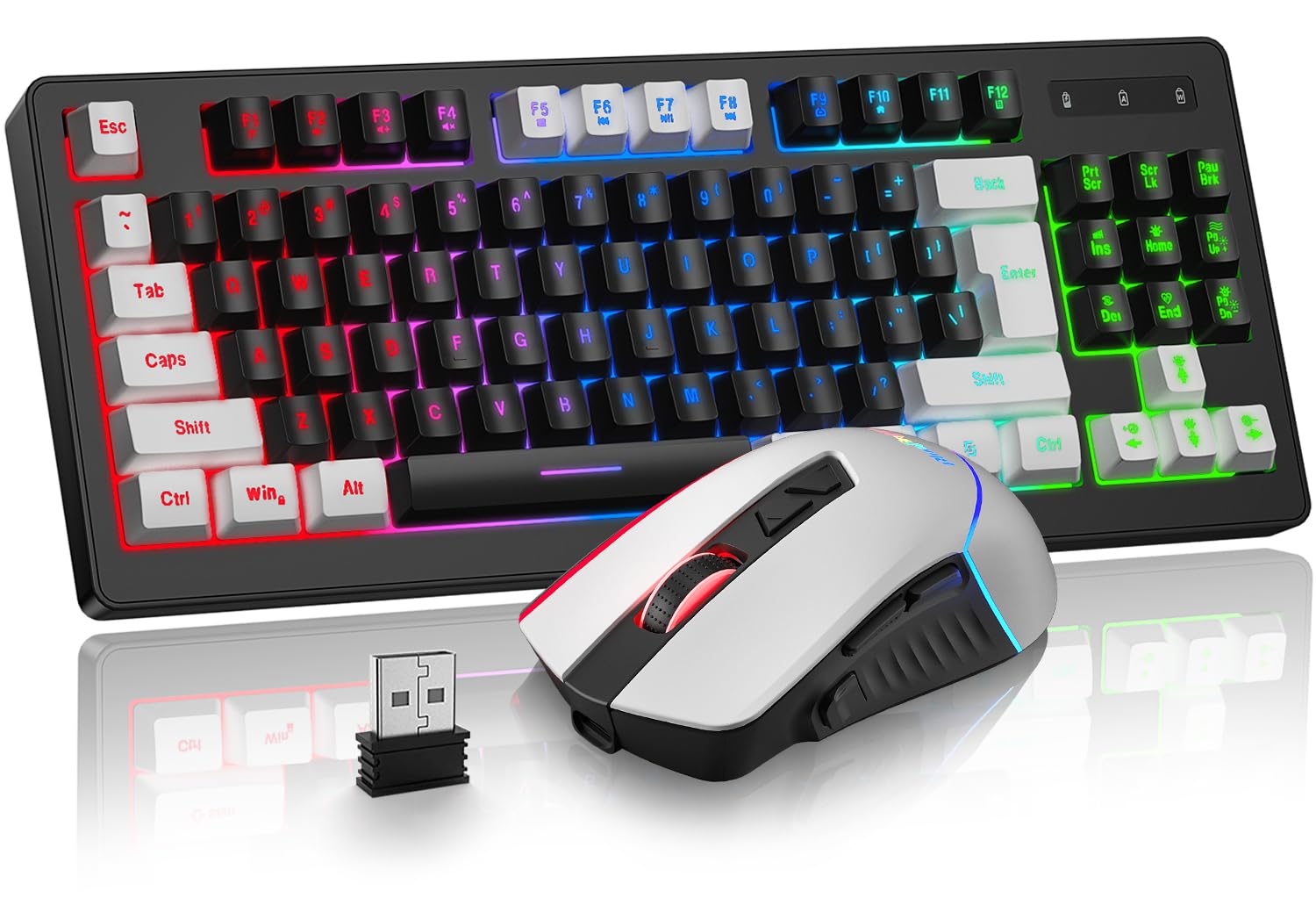 BlueFinger Wireless Gaming Keyboard and Mouse Combo, RGB Rainbow Backlit Rechargeable Battery, 87 Keys TKL Light Up Keyboard with Ergonomic Gaming Mouse for Mac Laptop Computer PC Gamer(White & Black)