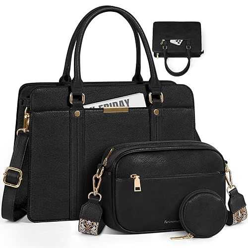 RAINSMORE Purses and Handbags for Women, Fashion Tote Handbag Top Handle Satchel Purses for Work Travel Daily Use with Crossbody Bag Detachable Coin Purse Satchel Handbag Set 3pcs Black