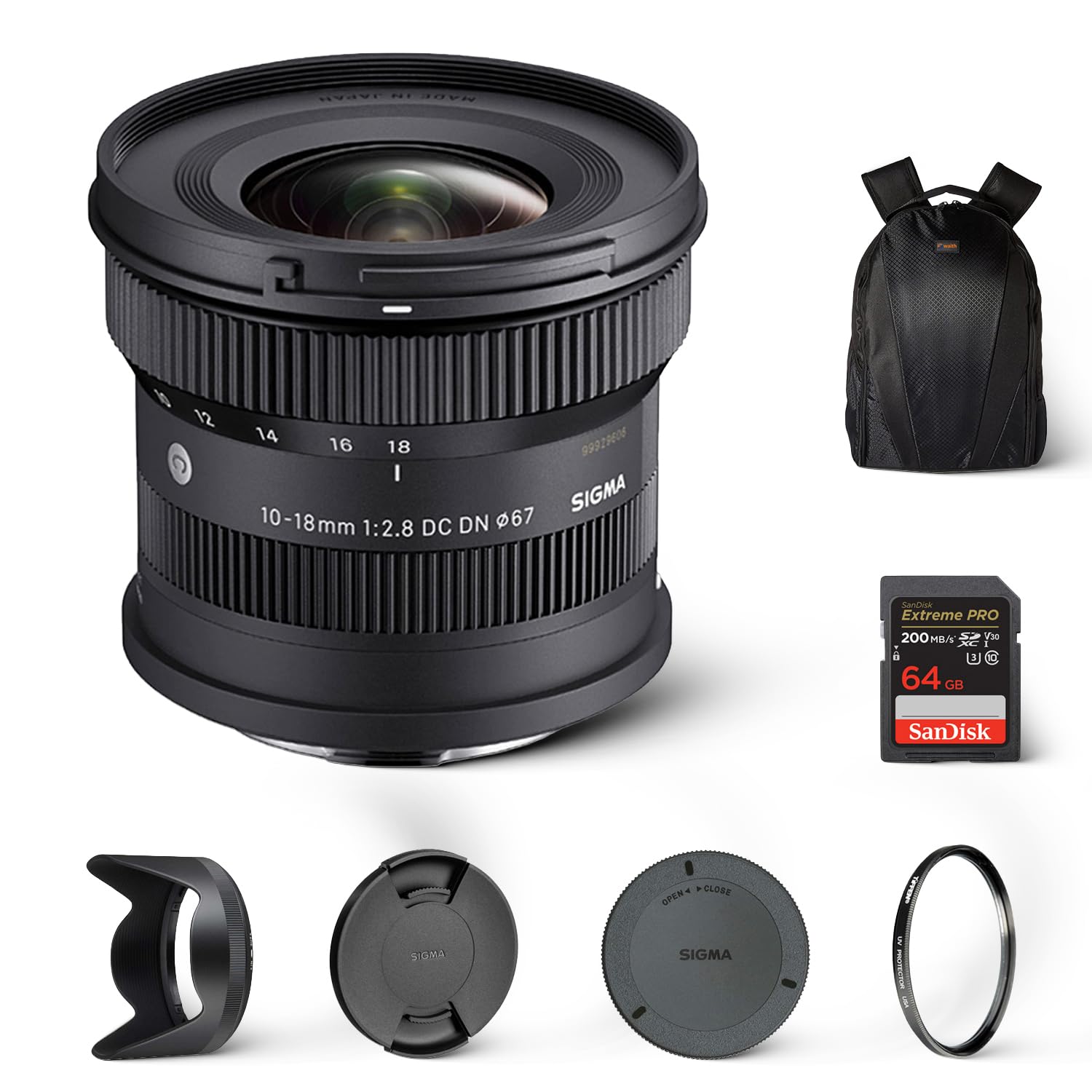 Sigma 10-18mm F2.8 DC DN Contemporary Lens for Sony E | Ultra Wide-Angle Zoom with Tiffen 67mm UV Protector Filter, Waith Camera Backpack and 64GB Extreme PRO UHS-I SDXC Memory Card (Bundle Set)