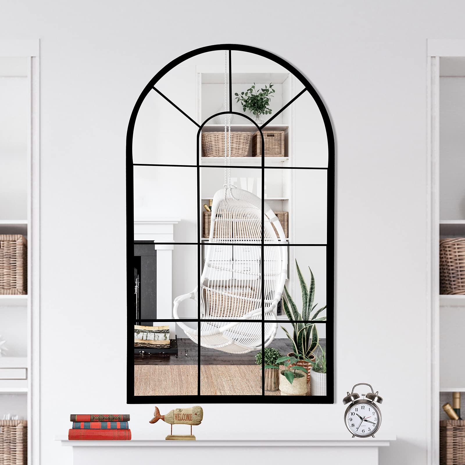 HQiJun Wall Mirror Window Decorative Mirrors Arched Farmhouse for Living Room Bedroom Entryway Bathroom Vanity (Black,41.3”x 24” x1”)