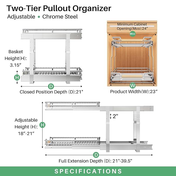 PULL OUT CABINET ORGANIZER, 2 TIERS 23″W X 21″D, HEAVY DUTY SMOOTH SLIDING UNDER CABINET SHELVES FOR POTS AND PANS, FULL-EXTENSION ROLL OUT DRAWERS, SLIDE OUT ORGANIZATION FOR HOME KITCHEN PANTRY