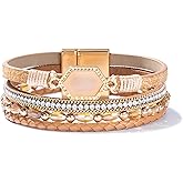 FANCY SHINY Crystal Beaded Leather Wrap Bracelet Stackable Boho Jewelry for Women Resin Stone Bangle Cuff with Magnetic Clasp