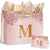 Rose Gold Monogrammed Gift Bag for Women Grils Large Personalized Birthday Gift Bag with Wrapping Paper Greeting Card Pink Gold Glitter Initial Paper Bag for Anniversary Bridal Baby Shower Letter M