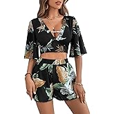 SweatyRocks Women's 2 Piece Boho Butterfly Sleeve Knot Front Crop Top with Shorts Set