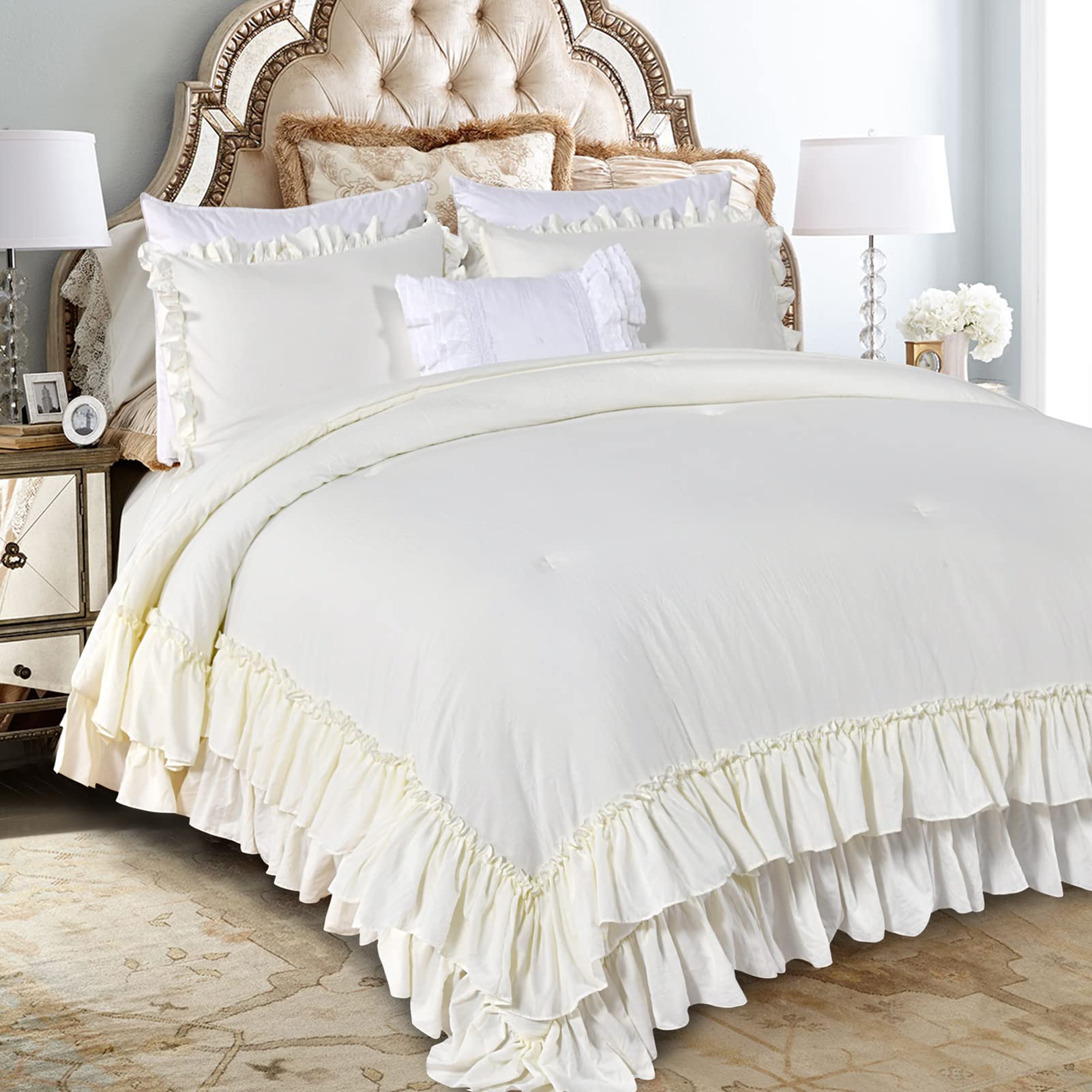 Photo 1 of Masaca Shabby King Size Comforter Set, Farmhouse Ivory Bedding Ruffled Comforter Set King,Lightweight Vintage Rustic Bedding 3 Pcs (1 Shabby Comforter and 2 Pillowcases)