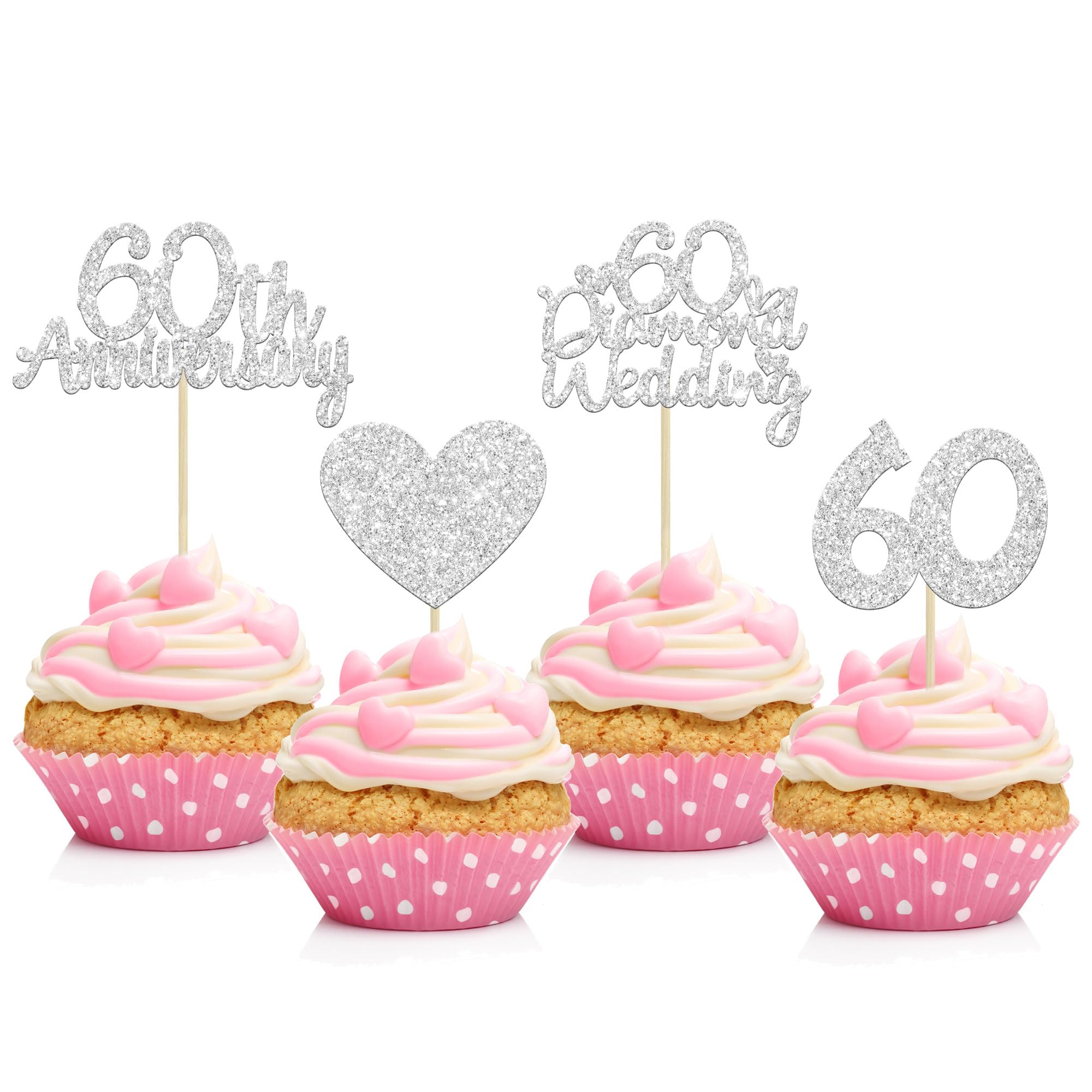 Gyufise 24Pcs Silver Glitter Diamond Wedding Anniversary Heart Cupcake Toppers for 60th Celebration Party Supplies and Cake Decoration