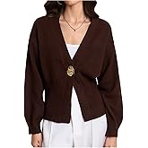 Verdusa Women's Button Up Cardigan Sweater Business Casual Outfits Long Sleeve Deep V Neck Knit Outerwear Elegant Dressy Tops