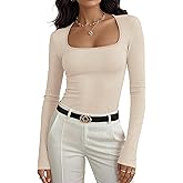 Prettywear Womens Long Sleeve Basic Tops Square Neck Ribbed Knit Color Block Shirts Fitted