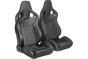 ELOUNTIK 2 Pcs Adjustable Universal Racing Seats with Double Sliders, PVC Leather Upholstered Reclinable Bucket Seats, 1 Pair of Sport Seats for Vehicles (Black with Gray Stitching, 19.9"x21.7"x37'')